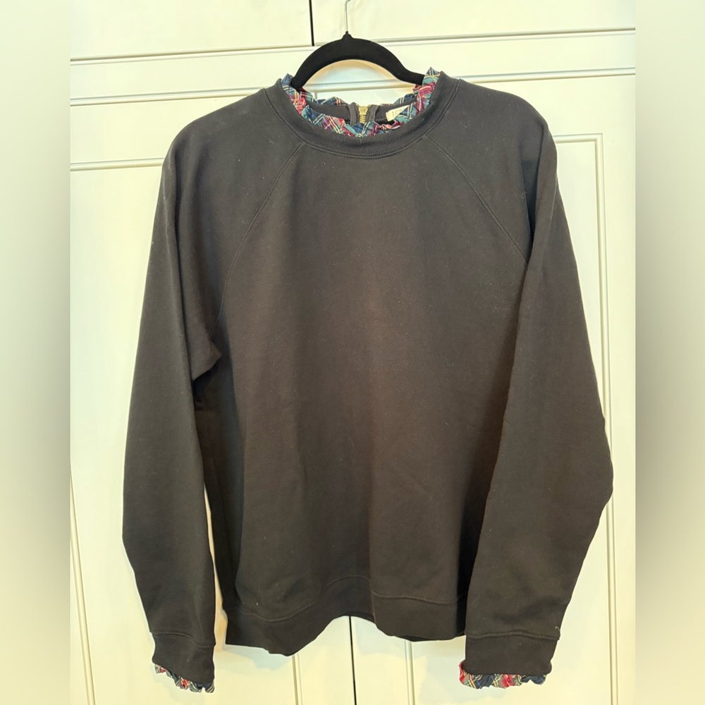 J. Crew Women’s Black Crewneck Holiday Sweatshirt with plaid tartan trim EUC XL